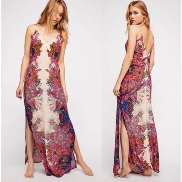 Free People Wildflower Print Maxi Slip Dress Ivory Tea Combo Boho Pink Womens - Picture 1 of 15